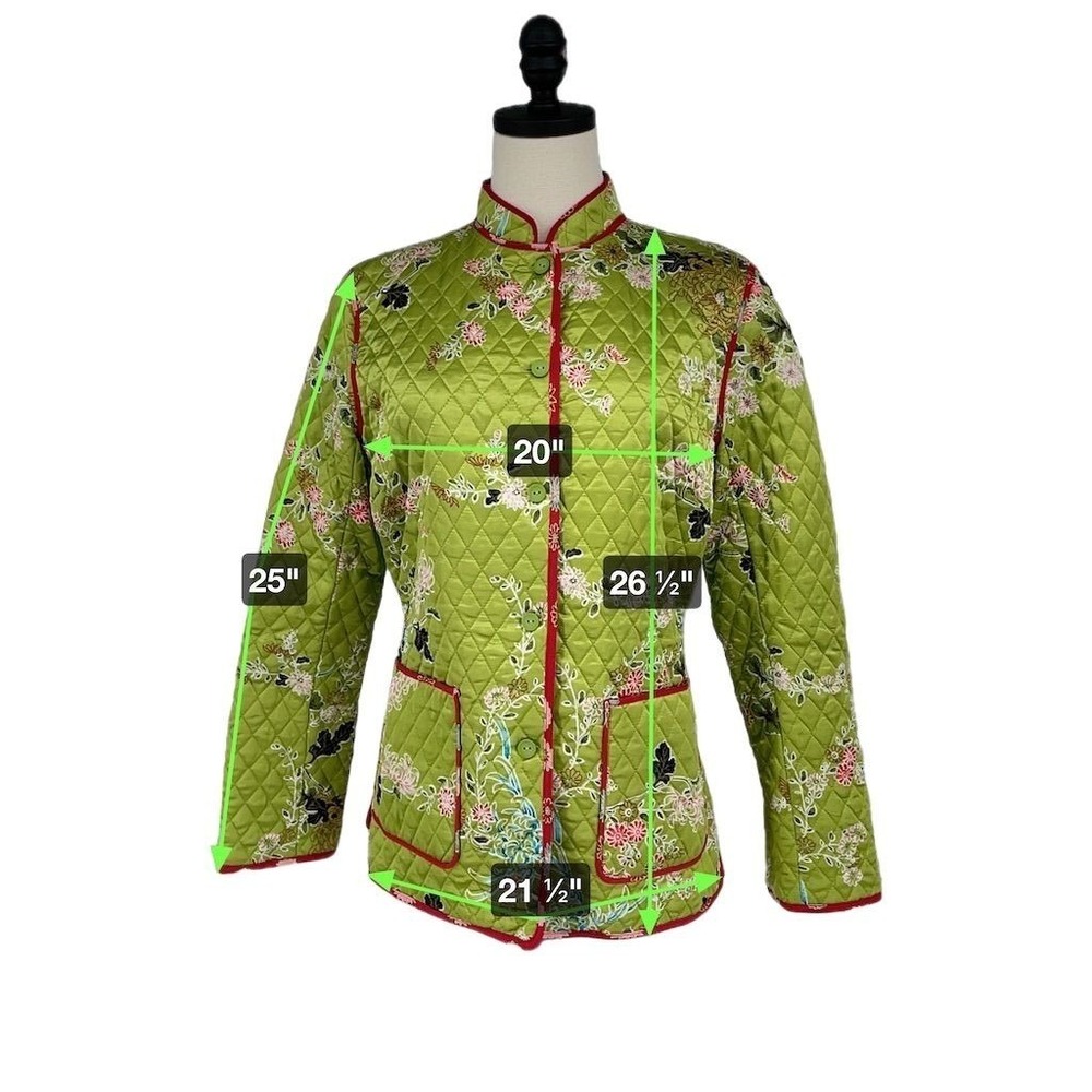 Anne Carson Women's M Green 100% Silk Quilted Floral Jacket Button Closure - Picture 3 of 9